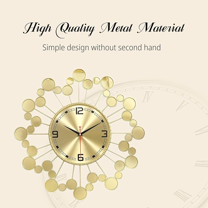 Gold 23" Wall Clock Decor Silent Battery Operated, Modern Metal Decorative Clock for Living Room Bedroom Office
