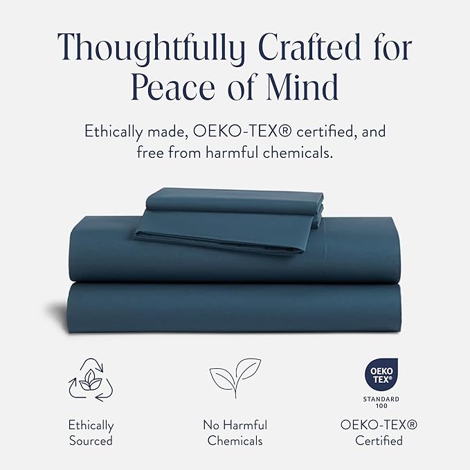 Brooklinen Luxury Sateen 4 Piece Sheet Set - 100% Cotton Bed Sheets, Soft & Durable Twin XL Sheets Set in Abyss Blue, Oeko-TEX Certified Bedding Set, 1 Fitted Sheet, 1 Flat Sheet, 2 Pillowcases