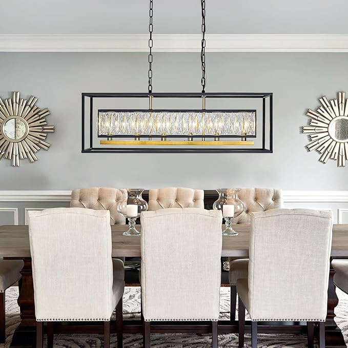 Vezzio Crystal Chandeliers for Dining Room Modern Crystal Chandelier 6-Light Rectangle Contemporary Pendant Light Fixture for Kitchen Island Bar L35 Inch