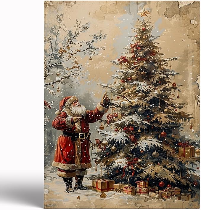 Vintage Christmas Santa Wall Art Prints,Neutral Santa & Tree Drawing,Winter Forest Holiday Poster,Antique Christmas Holiday Wall Decor