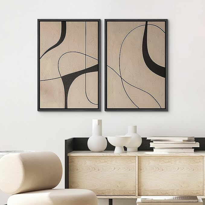 SIGNWIN Framed Canvas Print Wall Art Set Modern Beige and Black Abstract Curve Minimalist Geometric Modern Art Minimal Boho Relax/Calm for Living Room, Bedroom, Office - 24"x36"x2 Black