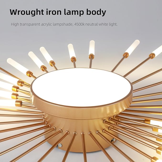 JAYMP Ceiling Light Modern Flower Shape Ceiling Lamp for Living Room Dining Room Flush Mount Metal Acrylic Sputnik Firework Petal LED Lighting Fixture (Matte Gold, 42+1 Lights)