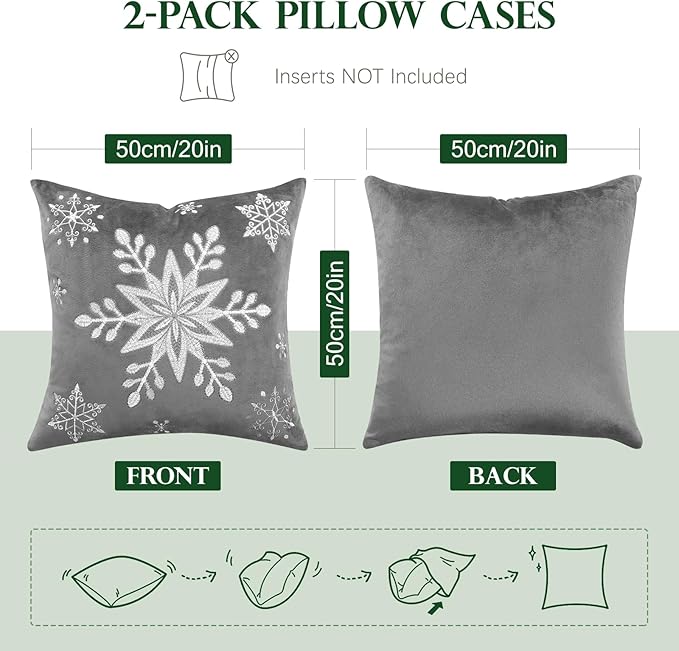 Lewondr Christmas Throw Pillow Covers, 20x20 Inch Snowflake Embroidery Pillow Cases Home Xmas Decorative Holiday Decor Cushion Covers Soft Velvet Pillow Cover for Sofa Bed Chair Set of 2, Gray