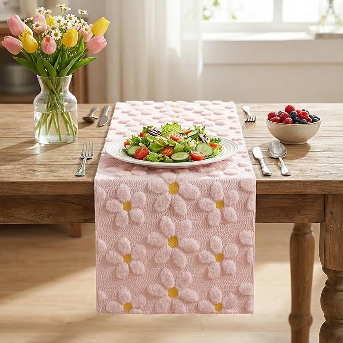 Artoid Mode Pink Soft Plush Faux Fur Jacquard Embroidery Daisy Spring Table Runner, Kitchen Dining Table Decoration for Home Party Decor 13x120 Inch