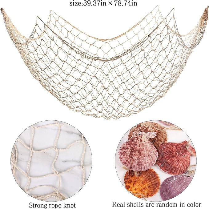 Fish Net Wall Decor with Shells - Fishing Net Decorative Nautical Mediterranean Style Cotton Photo Hanging Display Frame for Christmas Birthday Party Decorations Ornaments 79 x 40 Inch