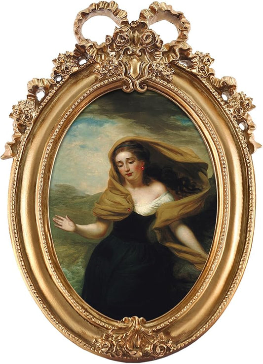 FOLKOR Framed Canvas Wall Art for Bedroom Living Room, Classical Miranda Portrait Art Prints with Gold Oval Poster Frame, Vintage Artwork Wall Decor for Home Office Guest Room Library Book Shop, 5x7