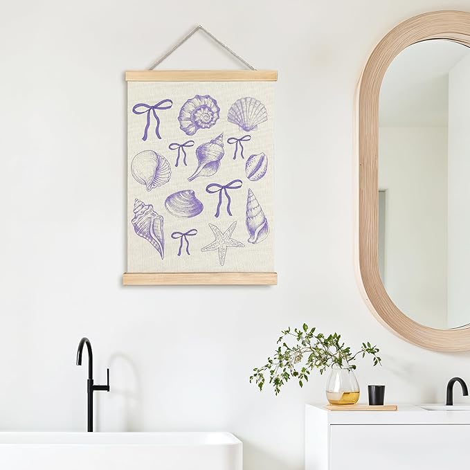ignytiger Coastal Beach Seashell Wall Art Poster Framed, Ocean Beachy Nursery Decor, Purple Coquette Bow Seashell Canvas Wall Art Prints for Girls Toddler Nursery Room Bedroom Decor, 12x16 Inches