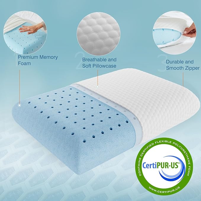 DUMOS Memory Foam Pillows for Sleeping, Bed Pillows for Adults with Washable Cover and Breathable Mesh, Gel Cooling Pillow for Back and Side Sleeper Support, White 1 Pack