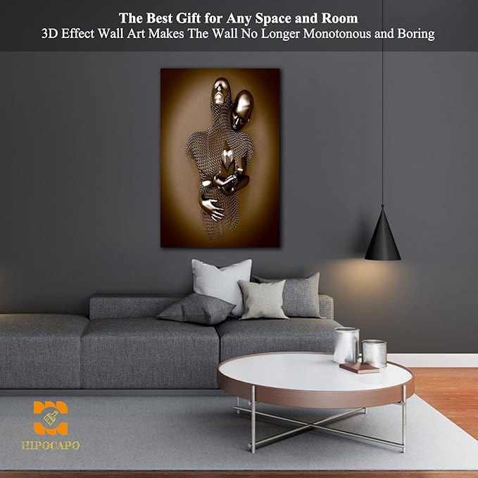 HIPOCAPO 3D Metal Effect Wall Art - Love Heart Canvas Art, Gold Decor for Living Room, Romantic Couple Room Framed 24”x36”x1Pcs 3d Art-31