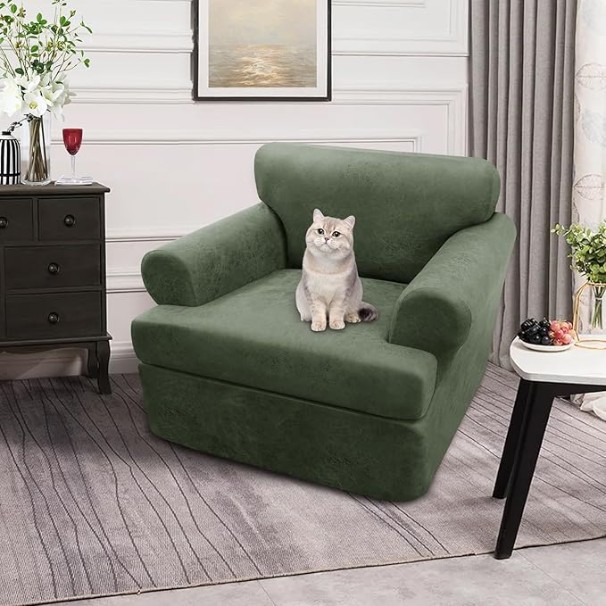2-Pieces T Cushion Armchair Slipcovers Leather Look Couch Cover Chair Covers Stretch Furniture Protector Sofa Cover with 1 Individual T Cushion Seat Cover Slipcover Sets Washable, Army Green