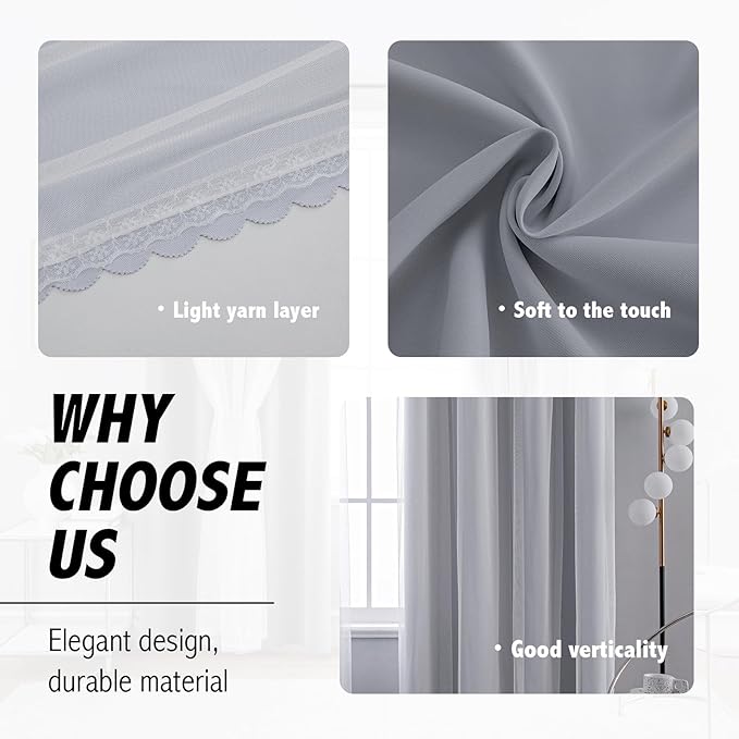 Anytime Home Curtains Blackout and Sheer Layered Solid Window Curtain Panel Pair with Grommet Top, 52Wx72L,Greyish White