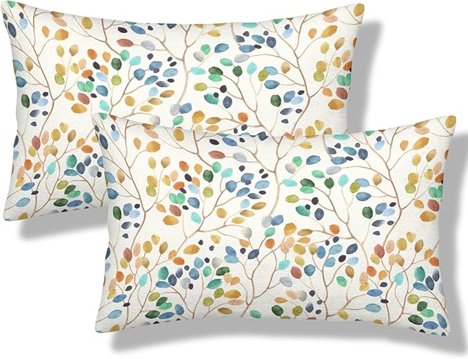 Spring Floral Lumbar Pillow Covers 12x20 Inch Set of 2 Colorful Leaves Throw Pillow Cover Vintage Plant Flower Pillowcase Cushion Cases for Home Couch Bed Sofa