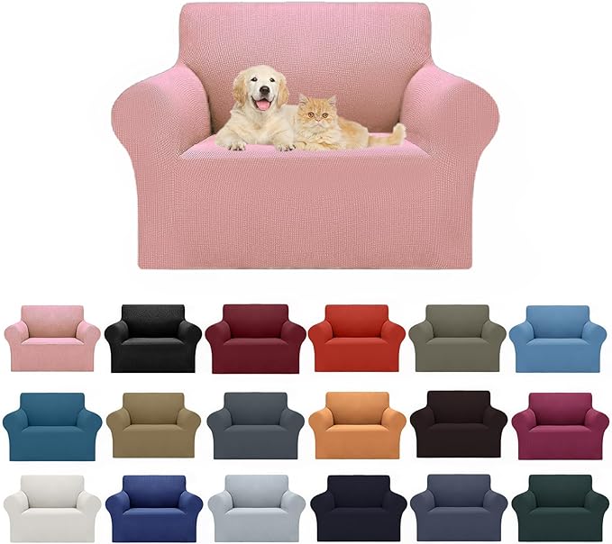 Cupuamon 2025 New Stretch Chair Sofa Slipcovers Couch Cover for 1 Seater Furniture Protector Sofa Covers with Elastic Bottom Jacquard Fabric Small Checks for Pets, Kids - Dusty Pink
