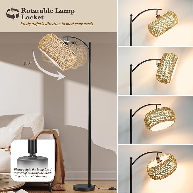 Arc Floor Lamps with Remote Control and Stepless Dimmable Color Temperature and Brightness Rattan Floor Lamps with Rattan and Cloth Dual Lampshade Standing Lamp for Living Room Bedroom, Black