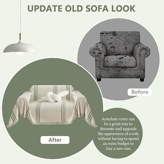 DREAMINGO Armchair Cover Washable Chenille Sofa Protector for Pet Kids Beige Green Chair Couch Covers for 1 Cushion Couch Stripe Jacquard Versatile Sofa Throw Slipcover for Futon Couch, 71"x91"