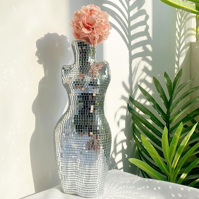 8.8 Inch Modern Chic Vase for Decor, Handmade Silver Disco Creative Boho Decor for Home,Table, Bathroom, Curve Art Body Flower Vase, 3.2x2.2x8.8 inches