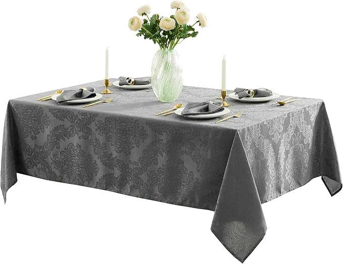 Newbridge Barcelona Damask Fabric Tablecloth, 60 x 144 Inch Rectangle, Grey – No Iron, Soil Resistant Table Cover for Dining, Parties and Holidays