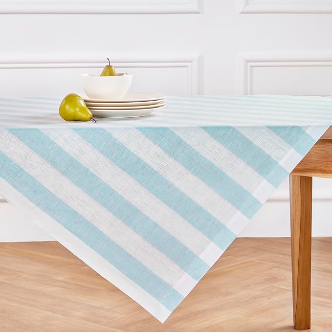 Solino Home Linen Tablecloth 52 x 52 Inch - Cabana Stripe, 100% Pure Linen Aqua and White Square Tablecloth - Machine Washable Table Throw