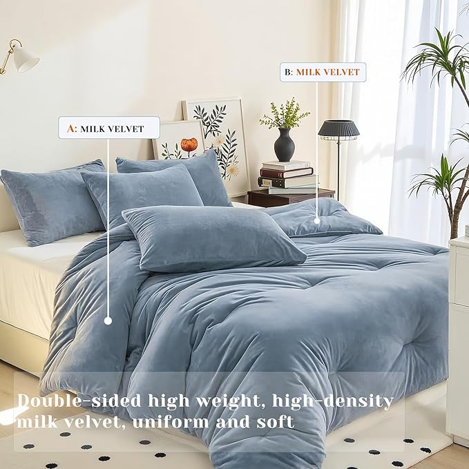 Velvet Comforter Set Twin Size, Grey Blue Fluffy Velvet 3 Piece, Soft Breathable Luxury Winter Warm Bedding Sets, with 1 Cozy Comforter, 2 Pillow Shams