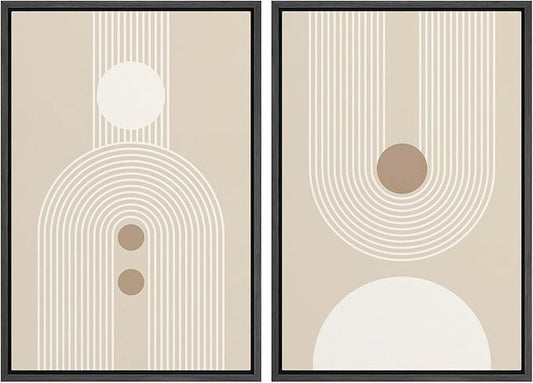 SIGNWIN Framed Canvas Print Wall Art Set Retro Nordic Geometric Pattern Abstract Shapes Cozy Neutral Modern Art Decorative Nordic Multicolor for Living Room, Bedroom, Office - 24"x36"x2 Black