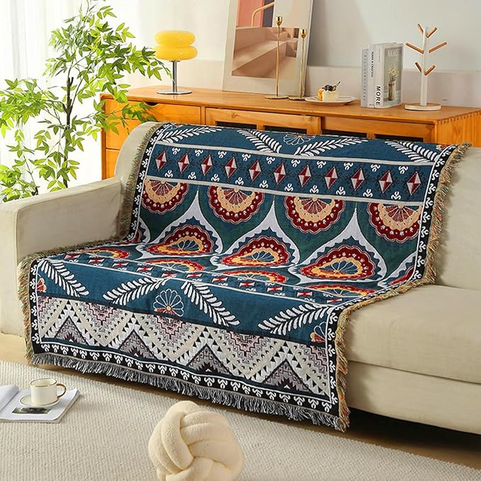 Double-Sided Cotton Woven Throw Blanket with Tassel Jungle Bohemian Style Tapestry Shawl Multi-Function Decorative Throws for Sofa Bed Armchair Camping Blanket Tablecloth Carpet 160x130cm