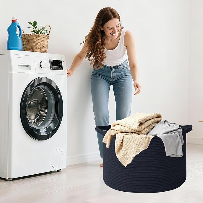 Large Blanket Basket for Organizing,115L Closet Organizers and Storage Bins Box for Shelves Woven Rope Storage Baskets,Living Room,Bedroom,Dorm,Laundry room (Navy)