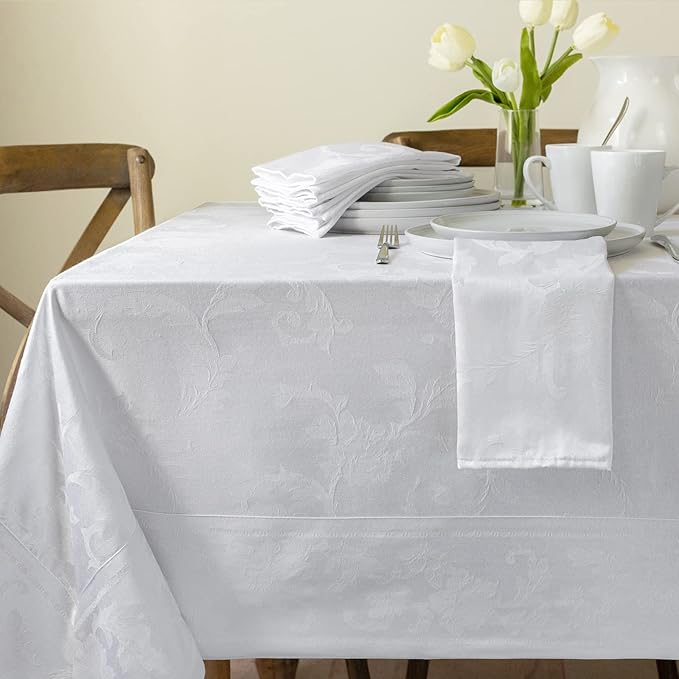Benson Mills Harmony Scroll Woven Damask Fabric Tablecloth, Everyday, Parties, Special Occasions, Weddings and Holiday Table Cloth (60" X 104" Rectangular, White)