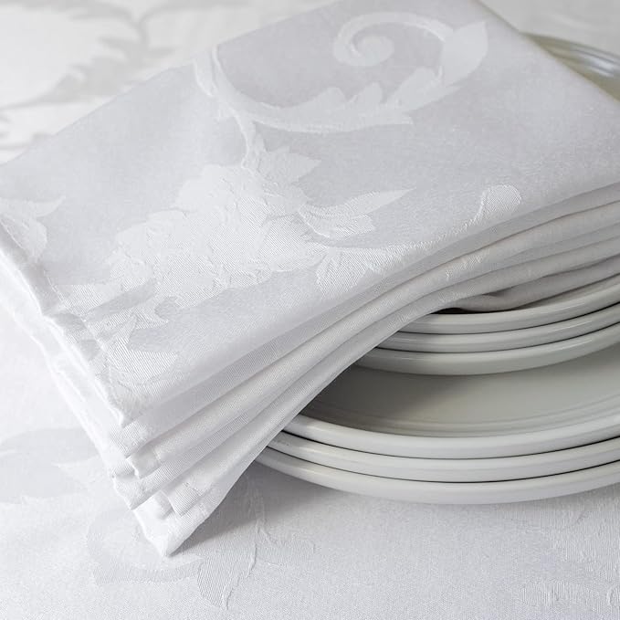 Benson Mills Harmony Scroll Woven Damask Fabric Set of 4 Napkins, Everyday, Parties, Special Occasions, Weddings and Holiday Cloth Napkin (18" x 18" Napkins, White)