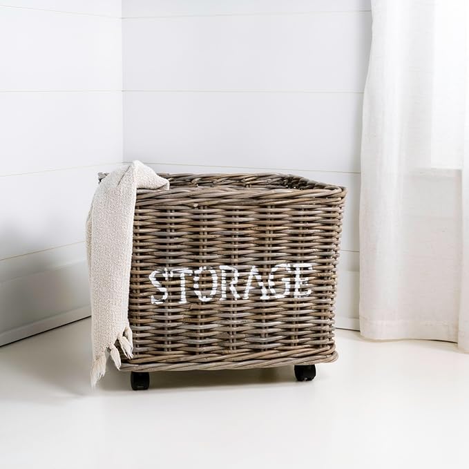 happimess BSK1001A Yael Coastal Hand-Woven "STORAGE" Rattan Basket with Wheels and Handles for Storage and Decoration in Bedroom, Living Room, Laundry Room, Entryway, Kubu Gray