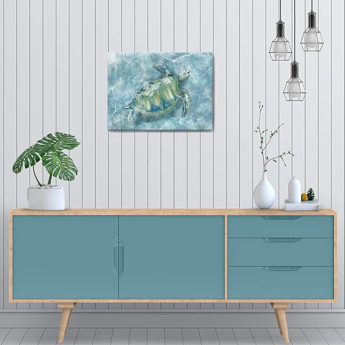 YJYart Bathroom Wall Decor Canvas Wall Art for Bedroom Sea Turtle Pictures Blue Coastal Room Decorations Artwork Green Turtle Wall Decorations 16” x 24”