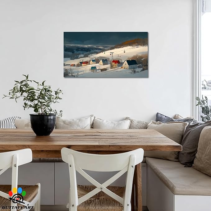 GUTTATY Christmas Winter Scene Canvas Wall Art, Snowy Village Pictures, Cable Car Canvas Prints, Nordic Landscape Painting, Cozy Holiday Wall Decor Poster for Living Room, Bedroom, Office, 40x20 Inch