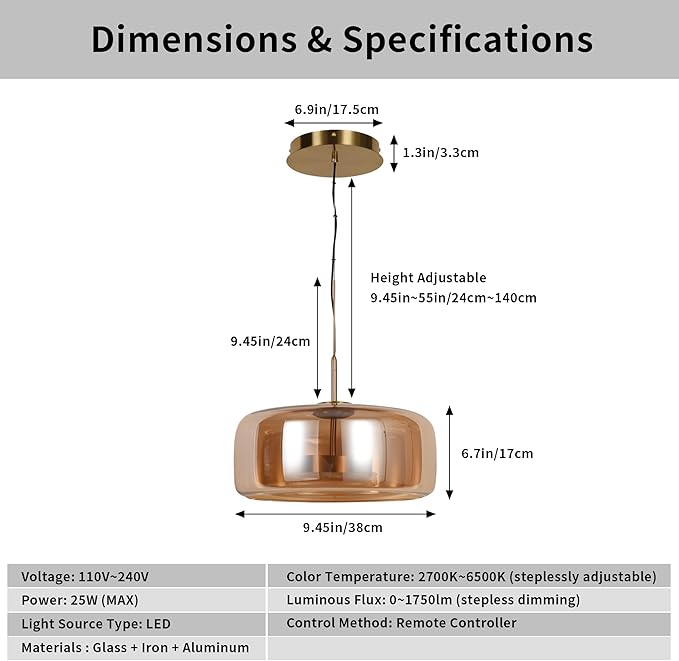 Modern Glass LED Pendant Light with Remote,15'' Stepless Dimmable & CCT Adjustable Hanging Height, 25W Modern Gold Finish for Dining Room, Living Room, Bedroom,Amber