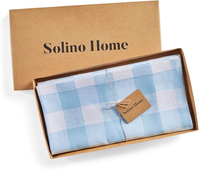 Solino Home Linen Square Tablecloth 52 x 52 Inch - 100% Pure Linen Blue Bell Buffalo Check Tablecloth - Machine Washable Table Throw