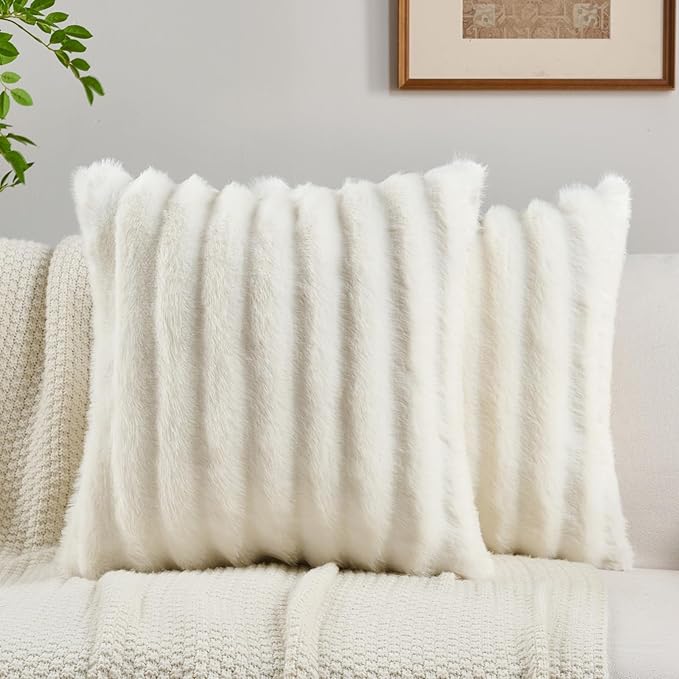 FUTEI Cream White Decorative Throw Pillow Covers 22x22 Inch Set of 2,Soft Fluffy Faux Rabbit Fur Dyeing Striped Textured Cushion Case,Modern Home Decor for Couch Bed Living Room