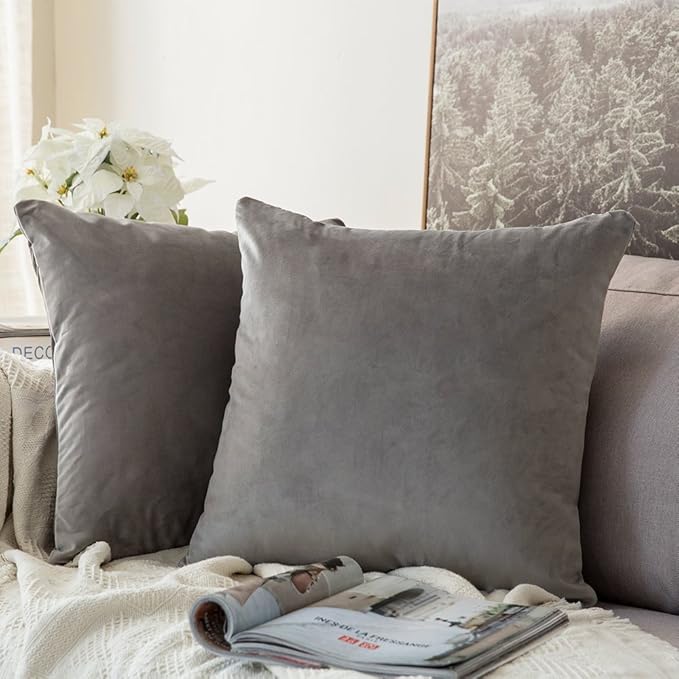 MIULEE Pack of 2, Velvet Soft Solid Decorative Square Throw Pillow Covers Set Cushion Cases Pillowcases for Sofa Bedroom Car, Home, 18 x 18 Inch 45 x 45 Cm, Grey