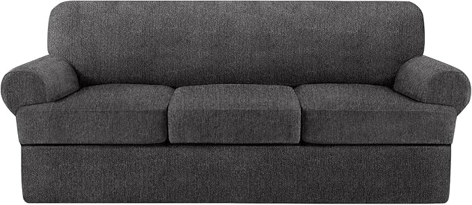 4 Piece T Cushion Sofa Slipcovers Stretch Couch Cover Furniture Covers with 3 Individual T Cushion Covers, Machine Washable for Living Room (Dark Gray, 3 Cushions)