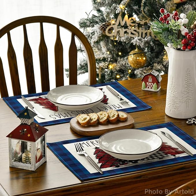 Artoid Mode Blue Waterclor Buffalo Plaid Christmas Trees Placemats Set of 6, 12x18 Inch Winter Table Mats for Outdoor Home Party Kitchen Dining Decor
