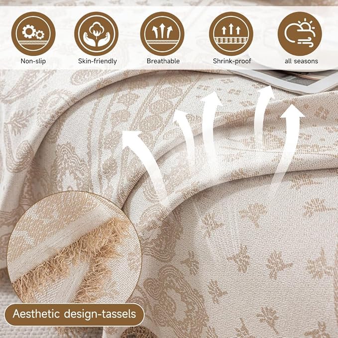 ROOMLIFE Boho Beige Couch Cover for Dogs, Washable Non Slip Furniture Protector Couch Sofa Covers for 3 Cushion Couch, Soft Breathable Sofa Slipcovers Couch Cover Throw Blanket with Tassels71''X150''