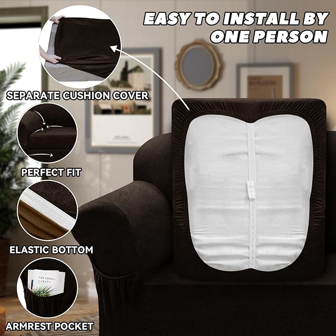 Loveseat Slipcover with Armrest Pockets 3-Piece Set, Stretch Faux Leather Love Seat Covers for 2-Cushion Couches(Fits 58-66") - Non-Slip, Machine Washable, Pet & Kid Friendly - Dark Brown