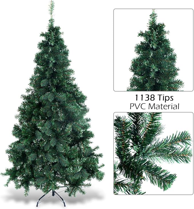 GOFLAME 8FT PVC Artificial Green Christmas Tree Home Holiday Décor with Metal Stand 1138 Branches Holiday Indoor Decoration, Easy to Assemble