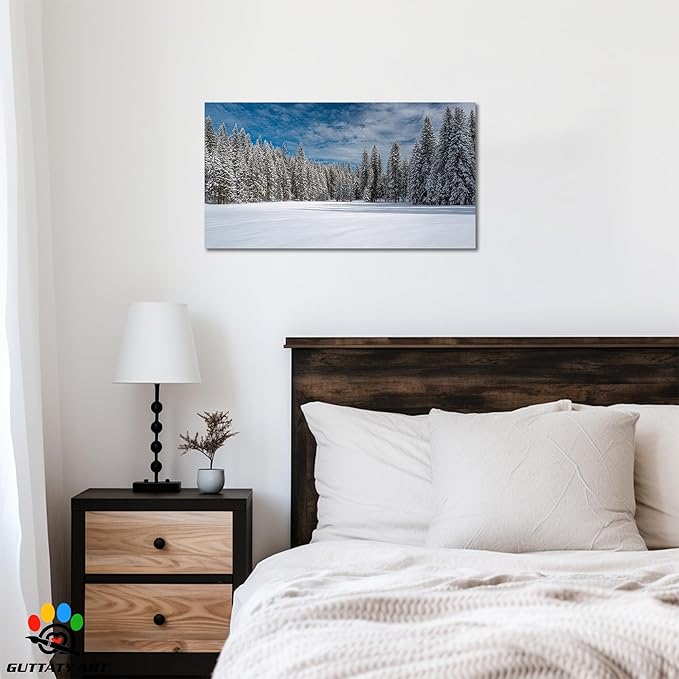 GUTTATY Christmas Winter Scene Canvas Wall Art, Snowy Forest Canvas Prints, Tranquil Blue Sky Wall Decor, Modern Poster Picture for Living Room, Holiday Wall Hanging Artwork, 40x20 Inch