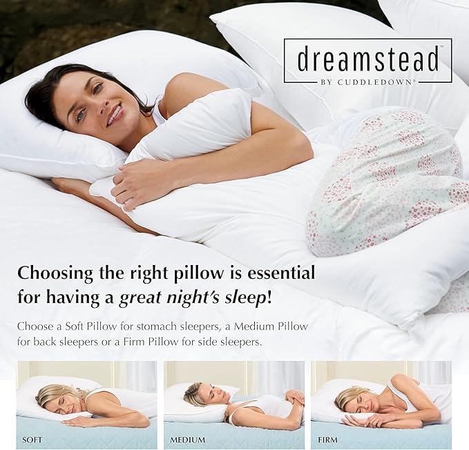 Cuddledown Dreamstead 800 Fill Power Pillow | European White Down | 100% Cotton Shell, Sateen Weave | Hypoallergenic | Handcrafted | Oeko-TEX & RDS Certified | 20" x 30" | Queen | Soft