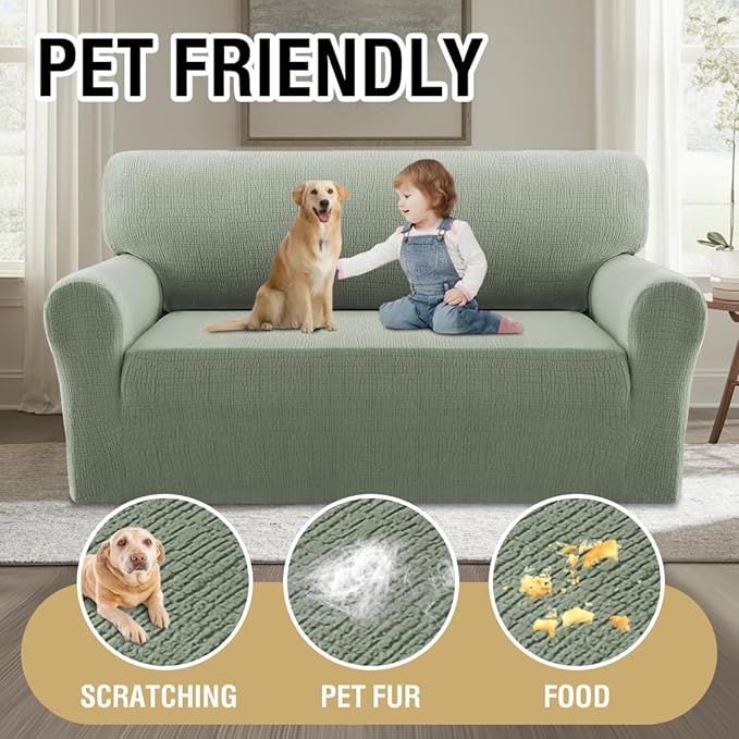 H.VERSAILTEX Jacquard Sofa Slipcover with Waterproof Seat Furniture Protector 1 Piece Stretch Sofa Covers with Elastic Bottom for Kids, Pets, Dog(Loveseat, Sea Grass)