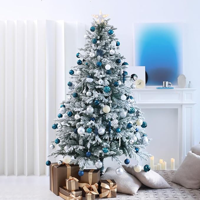 7ft Snow Flocked Prelit Christmas Tree Decorations with 300 Dual-Color LED Lights, Lighted Artificial White Xmas Tree for Indoor Decor,Living Room with 1878 Tips, Metal Stand,Plug-in