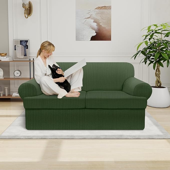 Waterproof Loveseat Cover 3-Piece Set Striped Slipcover for 2 Separate T Cushion Couch - TPU Fabric 2-Seater Sofa Covers Leakproof Couch Protector for Kids, Pets(Loveseat, Military Green)