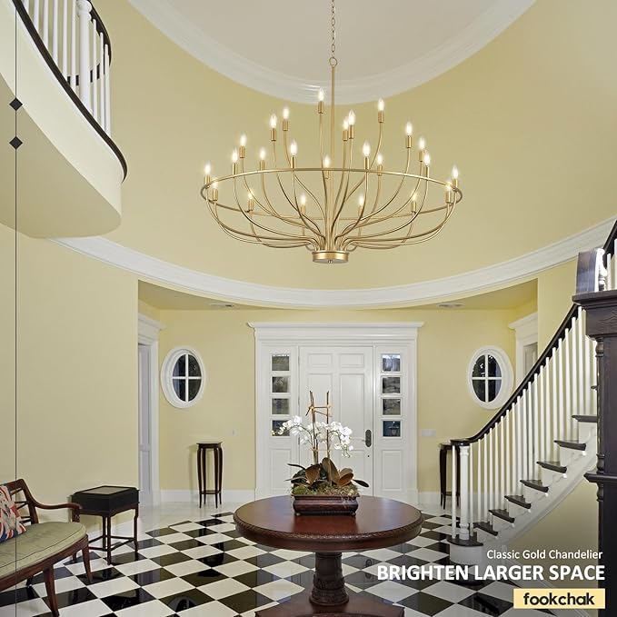 24 Light Gold Chandelier 51'' Large Candle Chandeliers for High Ceiling Foyer Brushed Brass Gold Chandelier Light Fixture for Large Living Room Dining Room Stairs Entry Restaurant Hotel