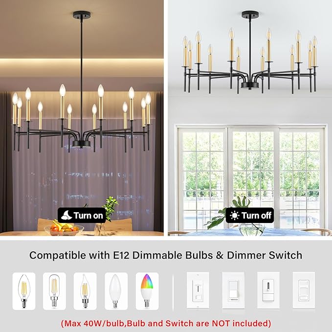 Modern Dining Room Light Fixture 12-Light,Farmhouse Black and Gold Chandelier, Metal Candle Chandeliers for Dining Room, Kitchen, Living Room, Bedroom, Foyer, Staircase, Entryway