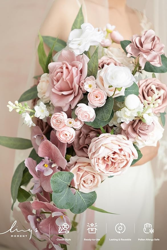 Ling's moment Dusty Rose Bridal Bouquet Cascading, Pink Wedding Bouquets for Bride, 15 Inch Bride Bouquet Orchids Artificial Wedding Flower Bouquet