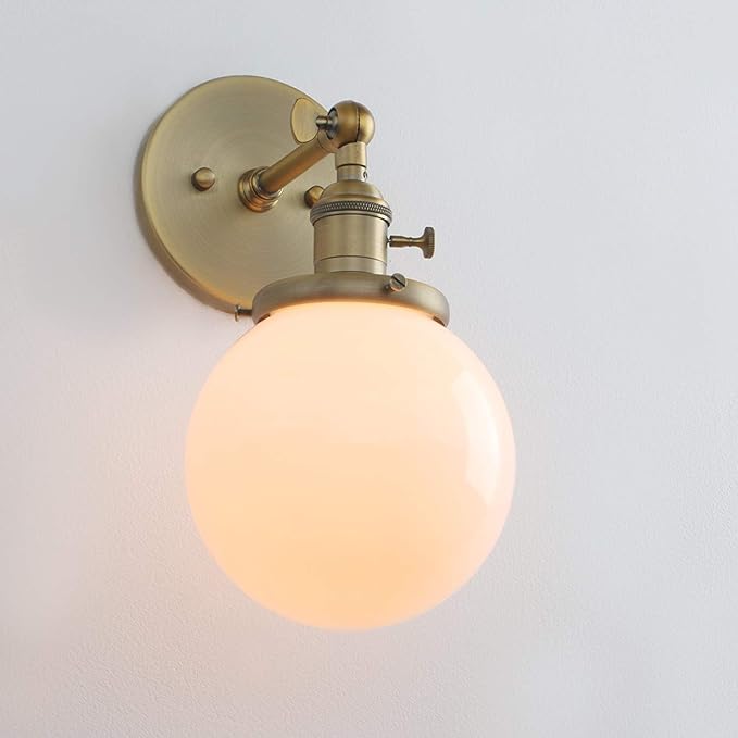 PERMO Vintage Wall Sconce Lighting Fixture with 5.9" Round Globe Milk White Glass Hand Blown Shade Hardwired Wall sconces with Switch (Antique Brass)