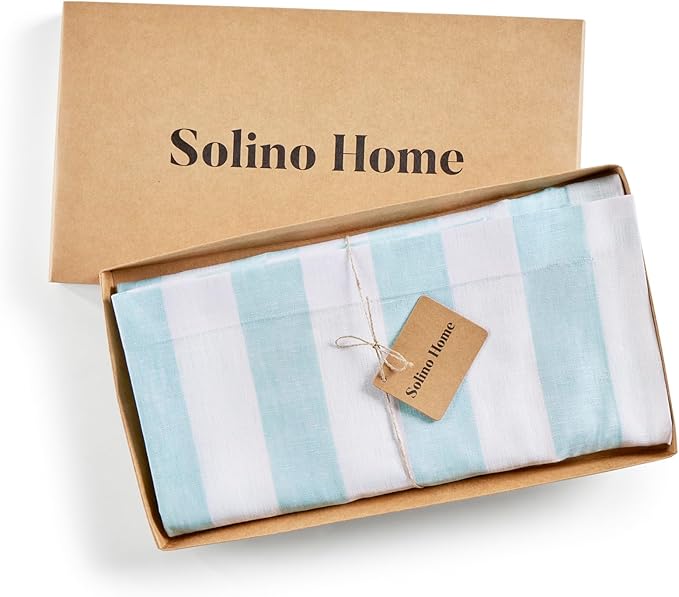 Solino Home Linen Tablecloth 52 x 52 Inch - Cabana Stripe, 100% Pure Linen Aqua and White Square Tablecloth - Machine Washable Table Throw